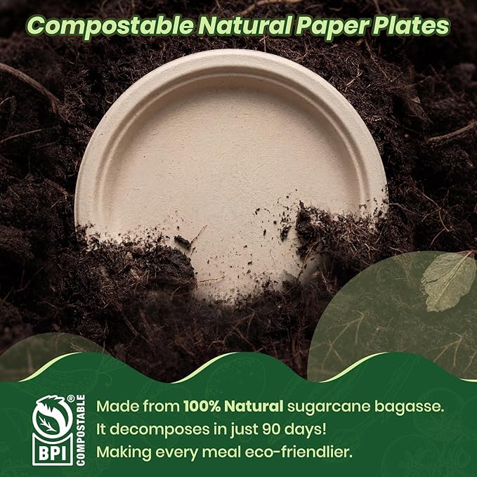 Disposable Paper Plates, 6 inch Heavy Duty Paper Plate, Soak and Cut Proof, Natural Biodegradable Bagasse Plates for Microwave, Dinner, Party, Picnic,50 Pack