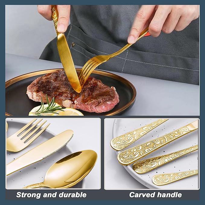 Runfly Vintage Carved Gold Stainless Steel 20 Pieces Flatware Set, Golden Silverware Set, Modern Embossed Cutlery Set Utensils Including Fork Spoon and Knife