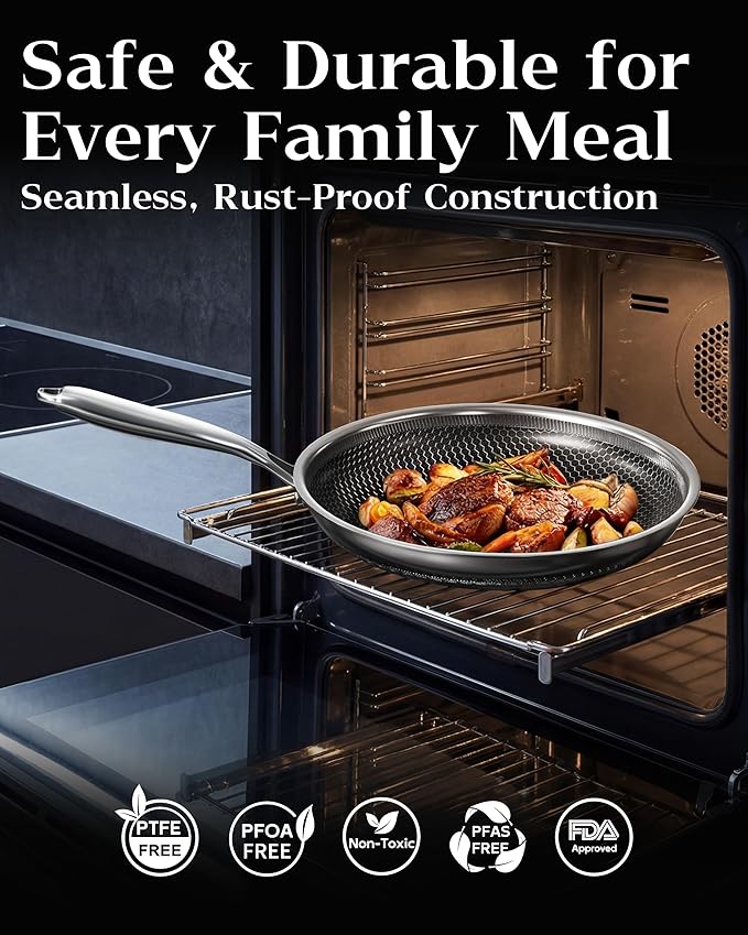 Honeycomb Stainless Steel Nonstick Frying Pan with Lid 7 Inch, Induction Cooktop Compatible Skillet, PFOA-Free Scratch-Proof, Dishwasher & Oven Safe, Stay-Cool Handle, Silver Kitchen Cookware