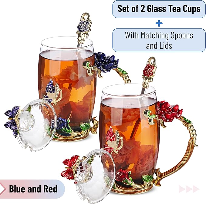 BTaT- Floral Glass Tea Cups with Lids, Pack of 2, Flower Tea Cups, Flower Glass Mug