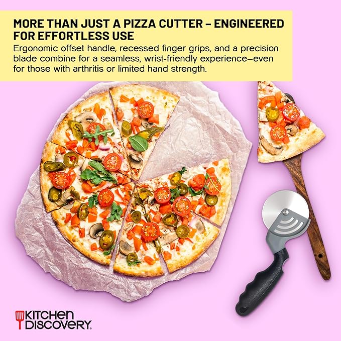 Stainless Steel Pizza Cutter – Kitchen Discovery – Pizza Wheel Cutter Slices Cleanly Through Gooey Cheese, Thick Toppings and Crispy Crust – Built In Safety Features Protect Hands