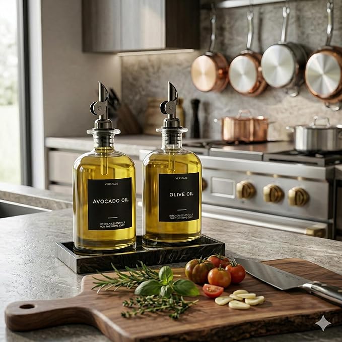 Clear Glass Olive Oil Dispenser Bottles For Kitchen With Silicone Tray & 40 Labels, Soy Sauce Dispenser, Coffee Syrup Dispenser, Olive Oil Bottles Set Of 2, Black 500ml / 17oz