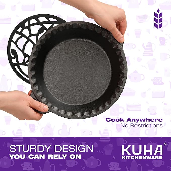 KUHA Cast Iron Pie Pan | Pre-Seasoned Round Cast Iron Pan for Apple, Pumpkin & Cherry Pies, Quiche & Tarts | For Baking & Serving | Silicone Trivet Included | 9", 2" Deep