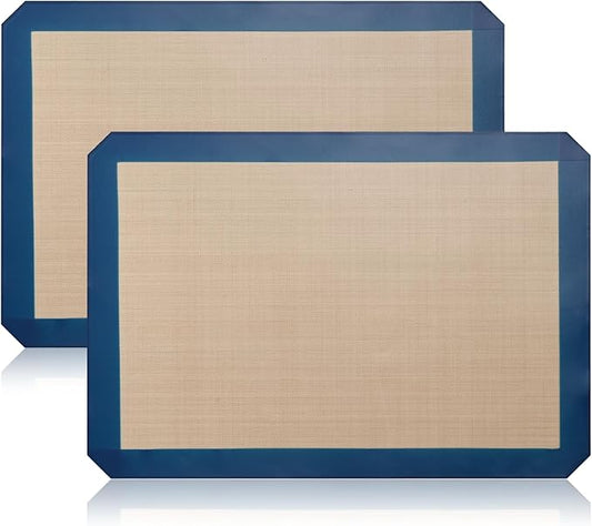 2-Pack Silicone Baking Mats – Non-Stick Reusable BPA-Free Oven Liners, 100% Food-Grade Silicone, Fit Half Sheet Pans (16.54" x 11.62") for Cookies, Pastry & More, Coffee with Deep Blue Edge