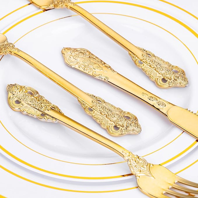 WDF 120PCS Gold Plastic Silverware - Heavy Duty Gold Plastic Cutlery Set Disposable Utensils - 40 Forks, 40 Spoons, 40 Knives, Perfect for Party Weeding Daily Use Baby Showe Spring