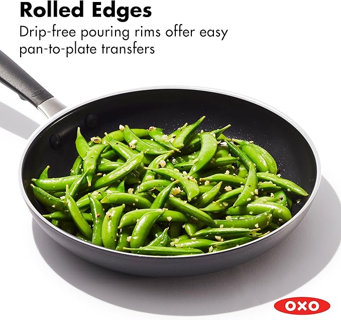 OXO Non-Stick Every Day Frying Pan Set, BPA-Free Comfort Grip Silicone Handles, Dishwasher & Oven Safe, PFAS-Free Ceramic Skillets, Black, 8”, 10” & 12”