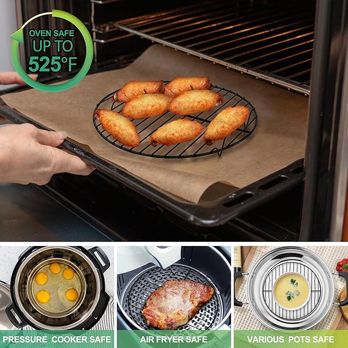 P&P CHEF 9 Inch Cooking Rack Round, Stainless Steel Round Rack for Cooking Cooling Steaming Baking, Fit Air Fryer Pot Pressure Cooker, 2 Pack -Oven Safe, Black