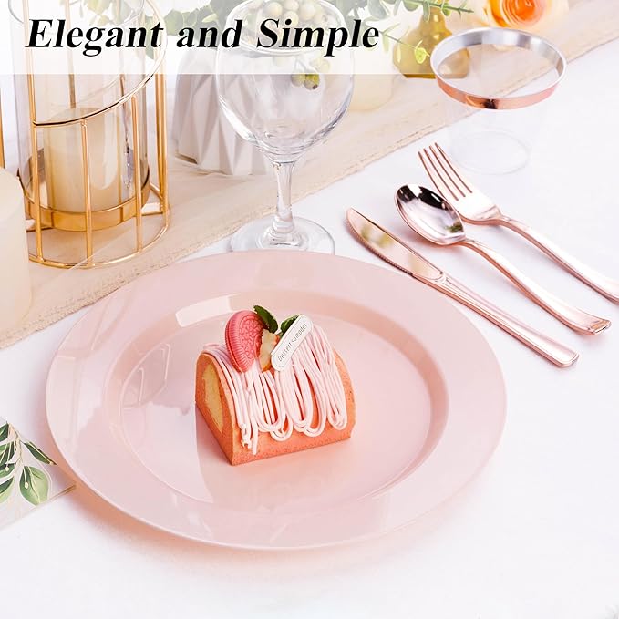 100PCS Pink Plastic Dinner Plates 10inch, Premium Hard Disposable Plates for Party, Wedding