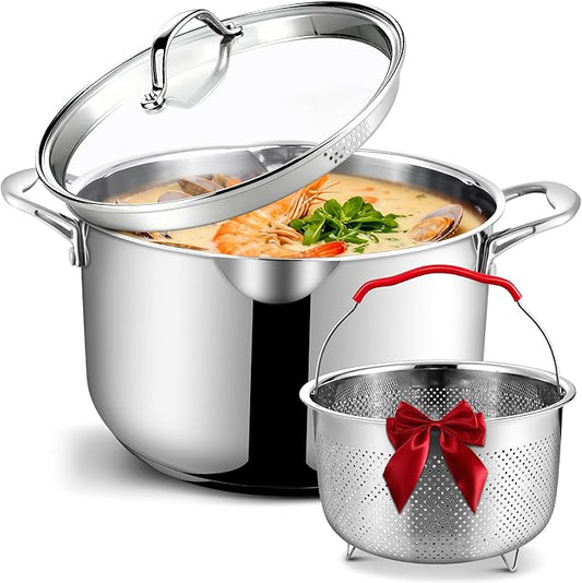 AOSION 6 Quart Stainless Steel Stock Pot with Deep Fryer Basket, 6QT Large Stockpot with Glass Strainer Lid,Ollas De Cocina for Spaghetti, Pasta Pot with Strainer,Compatible with All Cooktops.