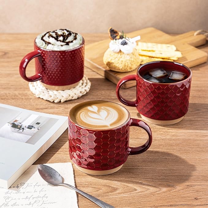 GBhome 12 OZ Stackable Coffee Mugs, Ceramic Coffee Mugs with Texture Patterns for Man,Woman,Dad,Mom, Modern Coffee Mugs Set of 4 for Latte/Cappuccino/Cocoa. Dishwasher&Microwave Safe