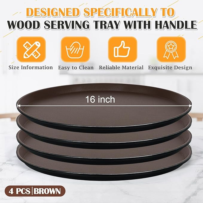4 Pcs 16 Inch Restaurant Serving Trays, Black Plastic Non Slip Round Tray, Large Food Crawfish Server Tray for Home, Restaurant, Kitchen, Cafeteria, Bar, Hotel (Brown)