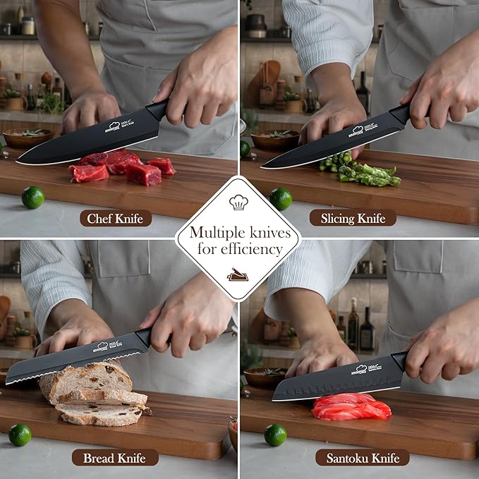 Knife Set, 15 Pieces Kitchen Knife Set with Block Built in Sharpener, Dishwasher Safe, German Stainless Steel Knife Block Set, Elegant Black