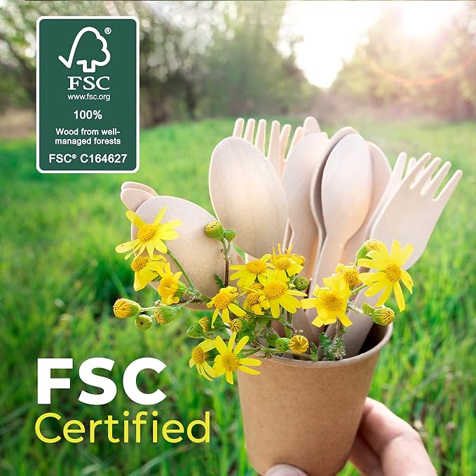 Weemium Disposable Wooden Cutlery Set - 300 Count (100 Forks, 100 Knives, 100 Spoons) – Plastic-free Packaging - Biodegradable Silverware and Splinter-free Compostable Utensils for Parties