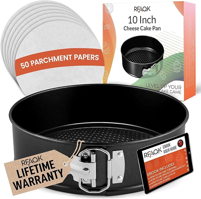 RFAQK 10 Inch Nonstick Springform Pan with Removable Bottom - LeakProof Cheesecake Pans with 50PCs Parchment Papers & Bonus Recipe e-Book - Perfect Baking Every Time