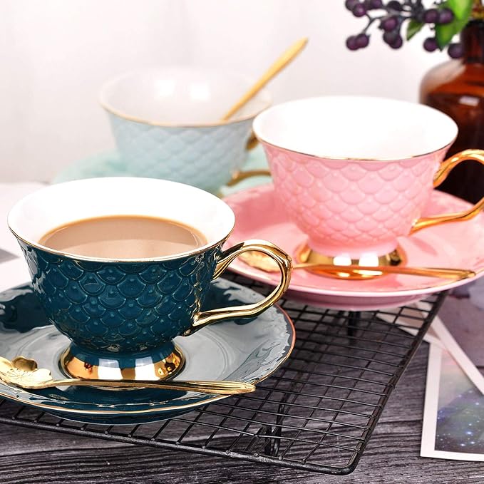 VanEnjoy Pink Vintage 8 Ounces Porcelain Coffee Cup,Tea Cup and Saucer Set and Saucer with Decorative Scale Pattern, Vintage