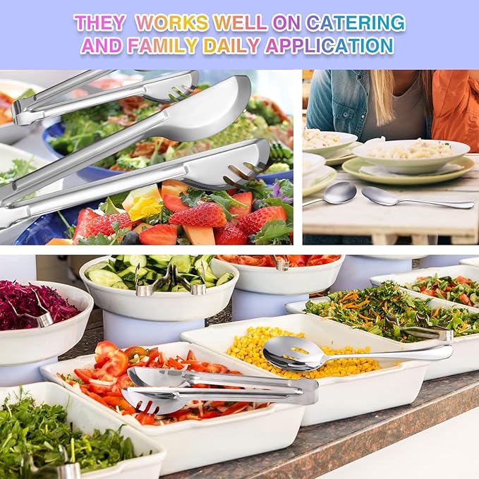 Patelai 15 Pcs Silver Stainless Steel Serving Utensils Set 8.7" Large Spoons and Slotted Spoon 9.45" Tong 9" Forks Flatware Wedding Valentine Day Holiday Party Buffet Banquet Cooking Kitchen Catering