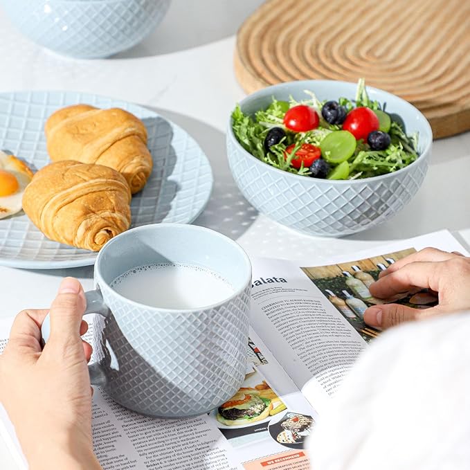 HASENSE Cereal Bowls Set of 4, 26 OZ Ceramic Soup Bowls, Stoneware Porcelain Cereal Bowls for Soup, Cereal, Oatmeal, Fruit, Salad, Embossed Pattern, Microwave & Dishwasher Safe, Blue