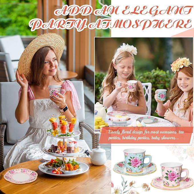 Umigy 60 Sets Spring Tea Party Decorations 9 oz Floral Paper Teacups & Saucer Set for Girls Women Afternoon Tea Parties Mothers Day Bridal Shower Wedding Birthday Party Decorations(Pink, Blue)