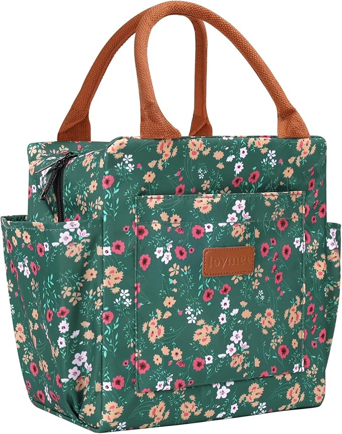 Joymee Lunch Bag Women Insulated Lunch Box Reusable Leakproof Large Spacious Cooler Tote for Women Men Adult with Bottle Holder and Side Pockets for Work Office Travel Picnic -Green Floral