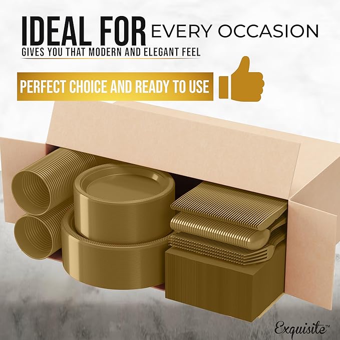 350 Pcs Gold Plastic Plates For Party, Gold Disposable Plates Set, 50 Of Each 9" Dinner Plate Set, 7" Dessert Plate, Cups, Napkins & Cutlery Plastic Dinnerware Set Exquisite