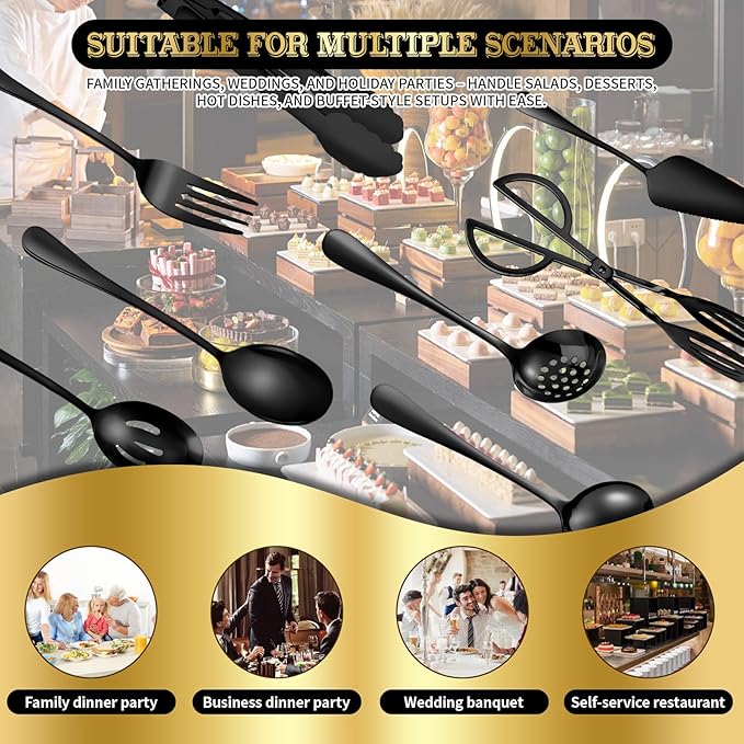 32Pcs Serving Utensils Set Serving Spoons, Buffet Tongs, Cake Spatula, Forks, Perforated Ladles, Soup Scoops, Skimmers and Black Heavy-Duty Serving Tongs (BLACK1)