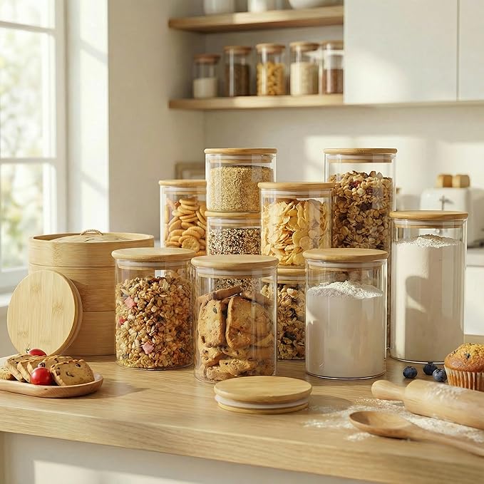 21oz - 4 Pack Glass Jars with Bamboo Lids, Glass Food Storage Containers with Airtight Lids, Air Tight Pantry Storage Containers for Coffee, Sugar, Spice, Meal Prep Jars for Salad & Fruit