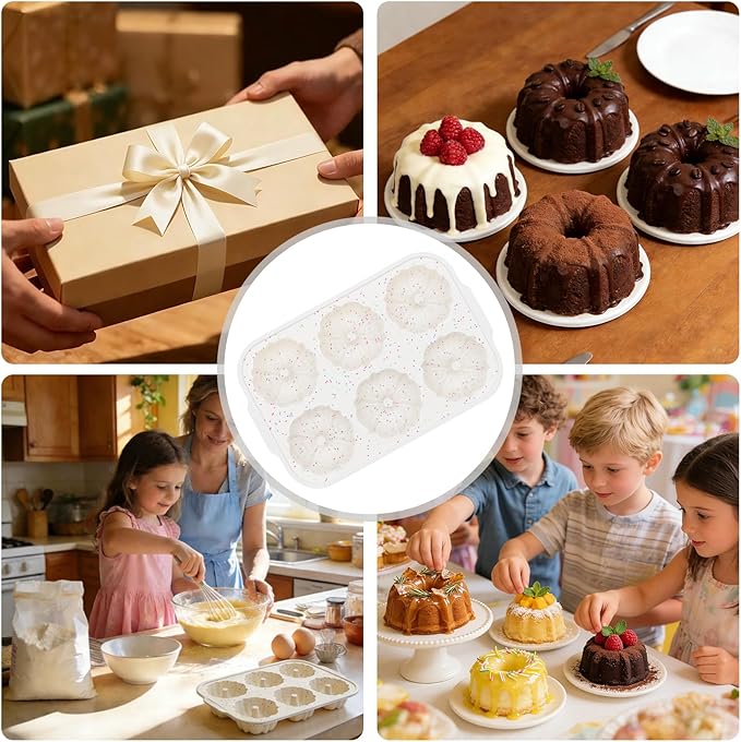 FUNBAKY Jumbo Fluted Tube Cake Pans with Metal Reinforced Frame, 2Pcs Silicone 6-Cavity 4 IN Flan Molds, Nonstick Baking Mold for Cupcake, Brownie, Donuts, Cornbread, Jello