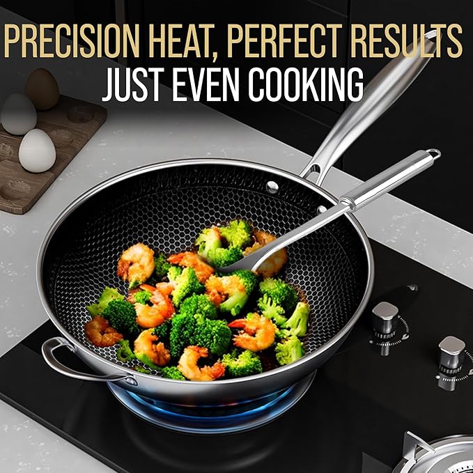 Woks & Stir-Fry Pans Nonstick, 12.5" Stainless Steel Wok with Lid | Tri-Ply Honeycomb Hybrid Stir Fry Wok Pan | Induction & Oven Safe | Dishwasher Safe