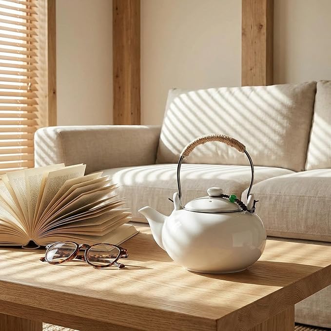 Japanese Ceramic Teapot with Infuser and Removable Stainless Steel Filter for Loose Tea 25 OZ/750ml for Office Home Men Women as Gift White