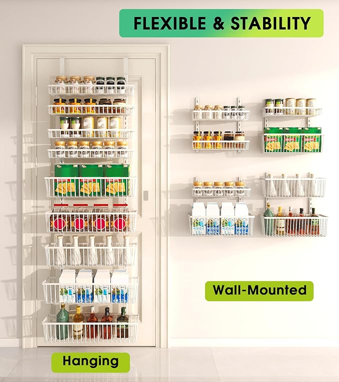 White 9-Tier Over The Door Pantry Organizer, Pantry Organization and Storage, Deep Baskets Hanging Heavy-Duty Metal, Wall Spice Rack Seasoning Shelves for Home & Kitchen, Laundry Room Bathroom