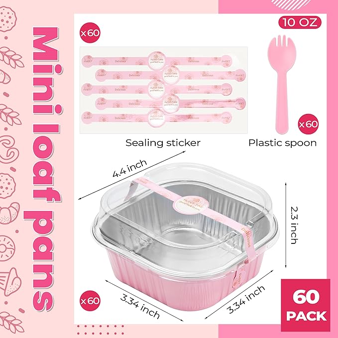 60 pack Mini Cake Pans with Lids Foil Pans Square Aluminum Pans with Lids Cupcake Liners for Birthday Wedding Party Gift (Pink, 10 oz)