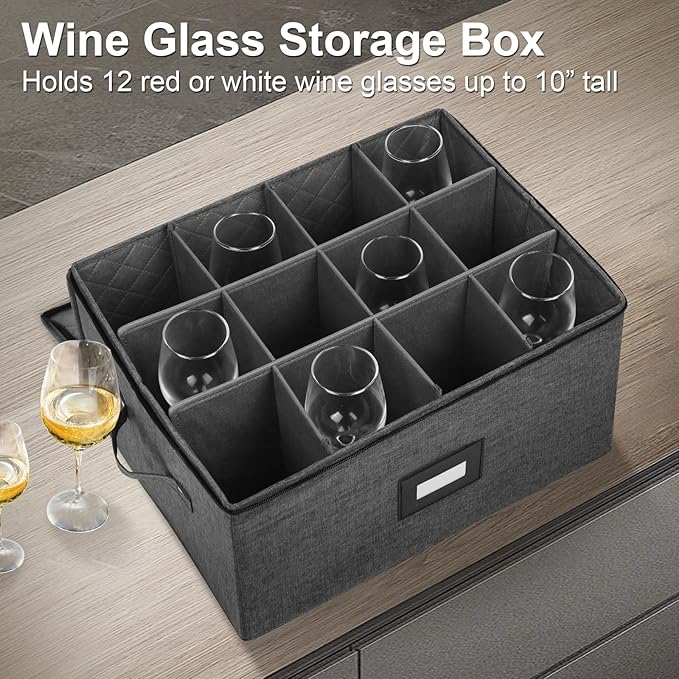 Mayniu Wine Glass Storage Box 2 Pack, Stemware Storage Containers Cases, Glassware Storage for 24 Crystal Glasses, Hard Shell Top Sides Bottom and Stackable (17'' x 13'' x 10'', Black)