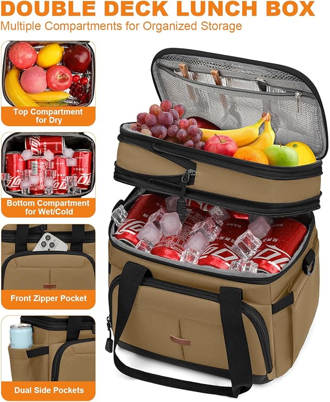 Lunch Box For Men Women Double Deck Insulated Lunch Bag For Men Woman Leakproof Expandable Cooler Bag with Adjustable Shoulder Strap for Kids Shool Work Picnic Camping(Khaki,Large)
