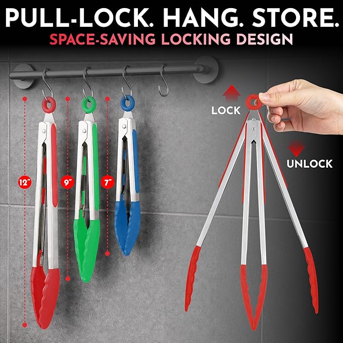 Kitchen Tongs with Silicone Tips Set of 3 Heat Resistant Tongs for Serving Food, 7-Inch, 9-Inch, 12-Inch Locking Silicone Tongs for Cooking, Salad Tong, Multicolored Kitchen Utensils