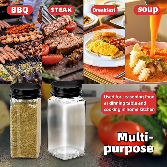 4Pcs 4oz Glass Spice Jars with Shaker Lids, Spice Jars Trial Set & Supplement Set, Empty Spice Containers and Square Spice Bottles for Kitchen (black iron Lids)