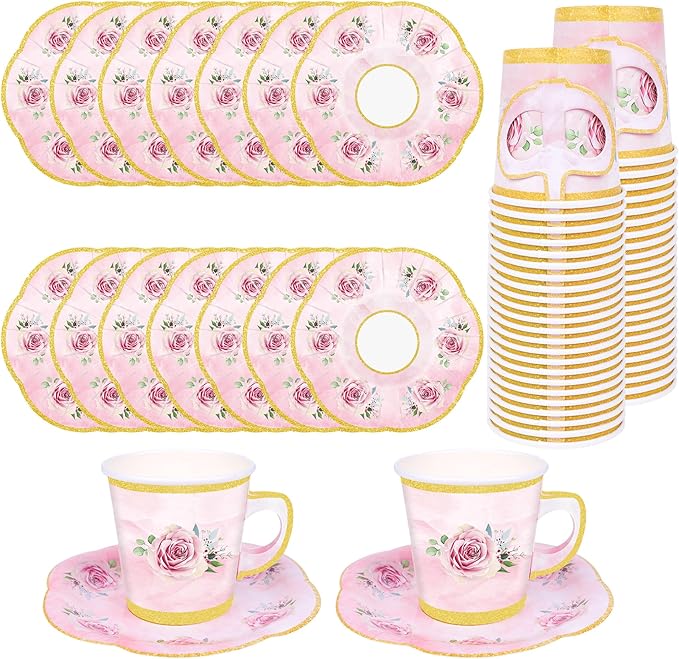 100 Pcs Paper Tea Cups and Plates Pink Floral Disposable Paper Teacups and Saucer Sets with Gold Rim Decorations for Hot Cold Drinks for Wedding Birthday Baby Shower Tea Party, Serve 50