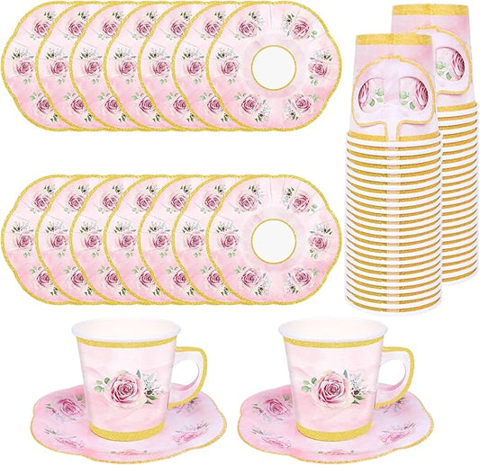100 Pcs Paper Tea Cups and Plates Pink Floral Disposable Paper Teacups and Saucer Sets with Gold Rim Decorations for Hot Cold Drinks for Wedding Birthday Baby Shower Tea Party, Serve 50