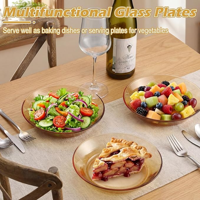 4 Pack Glass Pie Pan 8 Inch Round Baking Dishes Amber Glass Pie Dishes Serving Plates for Snacks, Salads, Desserts, Quiche, Tart, Oven and Dishwasher Safe, Heat Resistant