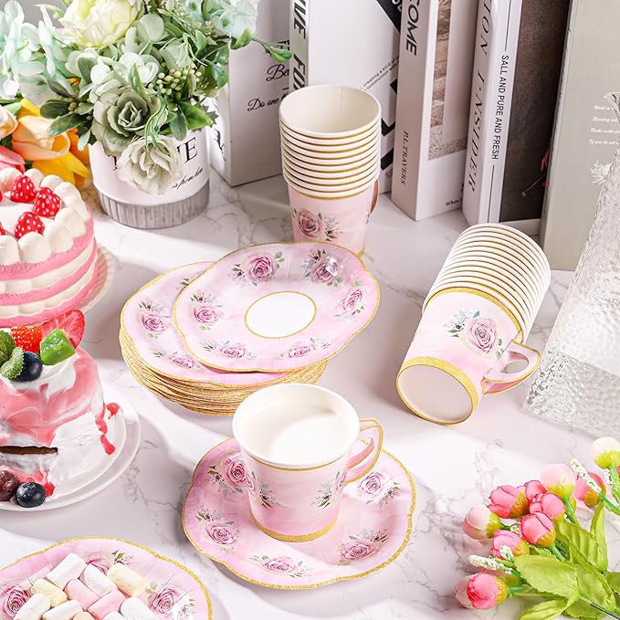 100 Pcs Paper Tea Cups and Plates Pink Floral Disposable Paper Teacups and Saucer Sets with Gold Rim Decorations for Hot Cold Drinks for Wedding Birthday Baby Shower Tea Party, Serve 50