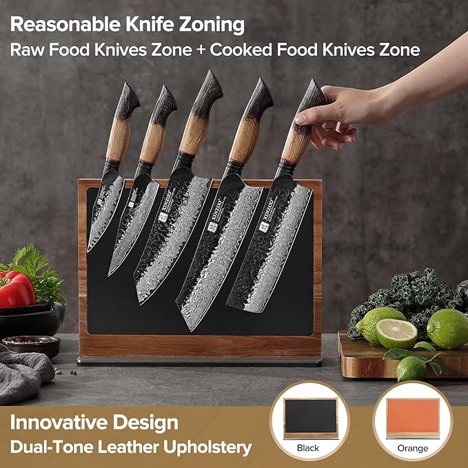 XINZUO Double Sided Magnetic Knife Rack (12.6 X 4 X 9.3inches)-Natural Acacia Wood Stand With Dual-Tone Leather Upholstery,Raw And Cooked Knife Storage Zones，430 Stainless Steel Base
