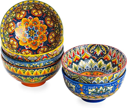 Henten Home Ceramic Soup Bowls Set of 6, Bohemia 22 oz Cereal Bowls Set, Porcelain Serving Bowls for Oatmeal, Salad, Pasta, Fruit, Decorative, Microwave & Dishwasher Safe