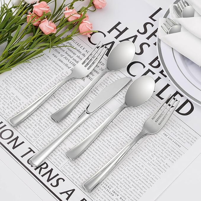 Goodluck 50 Pack Pre Rolled Silver Plastic Silverware, Wrapped Plastic Cutlery Set with Napkin Include 50 Forks, 50 Knives, 50 Spoons and 50 Napkins, Fancy Disposable Silverware for Party, Wedding