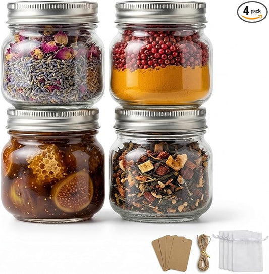 8 oz Mason Jars with Airtight Silver Lids - 4 Pack Small Glass Jars - Thickened Wide Mouth Canning Jars for Spell Jars, Candle Making, Premium Spices & Bathroom Vanity Decor