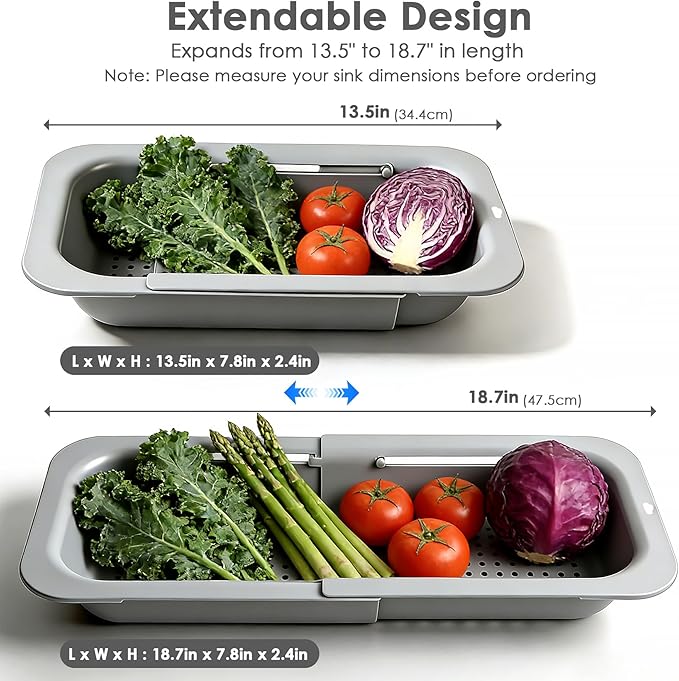 Extendable Colander Strainer Basket, Over the Sink Colander and Strainer for Kitchen, Wash Vegetables and Fruits, Drain Pasta and Dry Dishes, Adjustable Colander from 13.5In to 18.7In, Gray