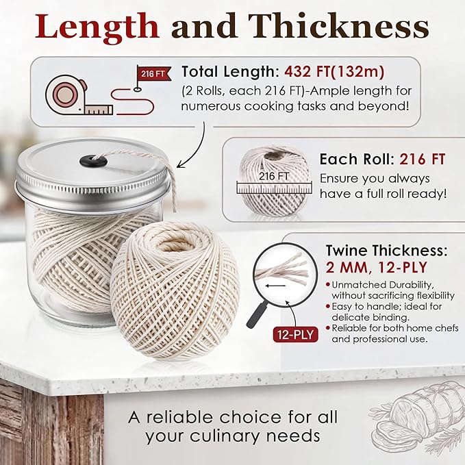 Dreyoo Kitchen Twine with Glass Mason Jar Dispenser, 2 Pack 216FT Cooking Twine, 2MM Natural Cotton Butcher Twines for Meat, Turkey, Roast & Kitchen Use, Center Pull Butcher Twines for Cooking (White)