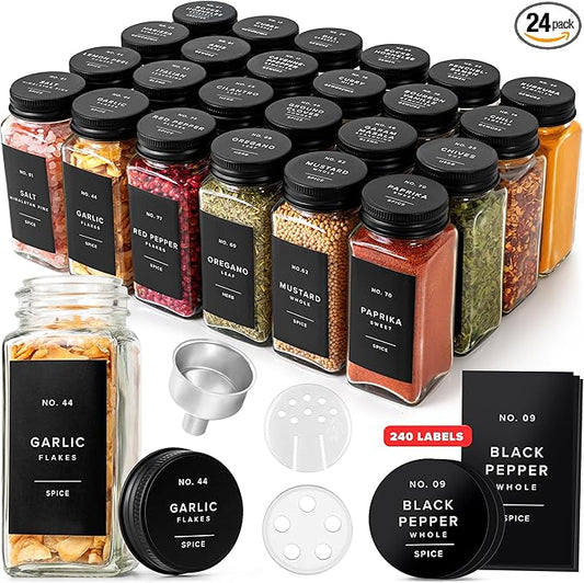 Glass Spice Jars with Label and Black Aluminium Lids (24 x 4oz) Spice Containers with 240 Labels, Shaker Inserts, Steel Funnel, Empty Square Seasoning Organizer (Black Aluminium Lid)