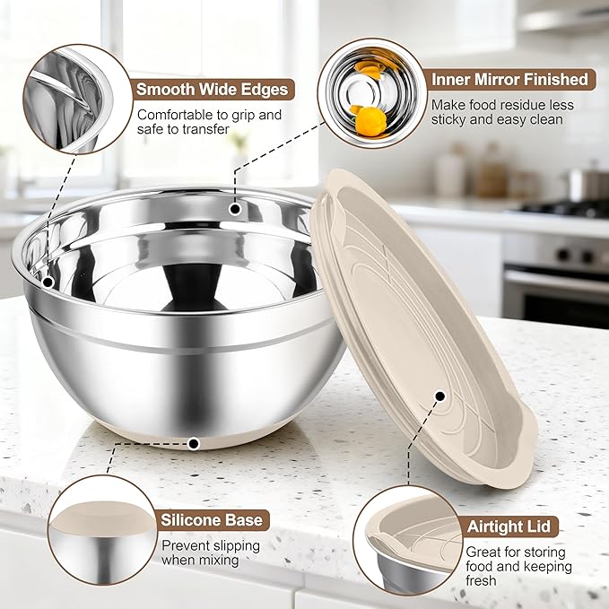 TeamFar Khaki Mixing Bowls, 6-Piece Stainless Steel Nesting Salad Bowls with Lid Set for Prepping Baking, Non-Toxic & Stackable, Air-Tight Lid & Non Slip Bottom, 4.6/2.6/2/1.5/1 / 0.7 QT