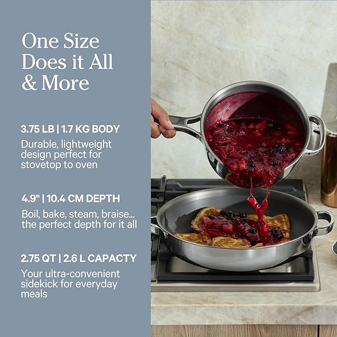 Our Place Mini Titanium Perfect Pot Pro | 2.75 Qt Cooking Pot with Lid & Silicone Spoon | PFAS-Free Nonstick, Fully-Clad Tri-Ply Stainless Steel & Aluminum | Induction & Oven-Safe to 1000°F | Chrome