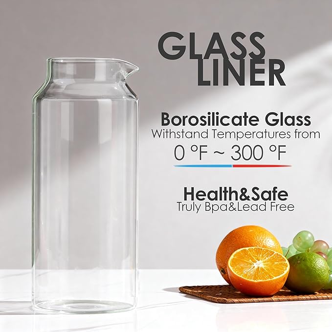 Delove Glass Pitcher with Lid & Shatterproof Shell – Heat-Resistant Borosilicate Glass Jug, 2 L/68 oz with Handle & Spout – Perfect for Iced Tea, Juice, Hot & Cold Water (White)