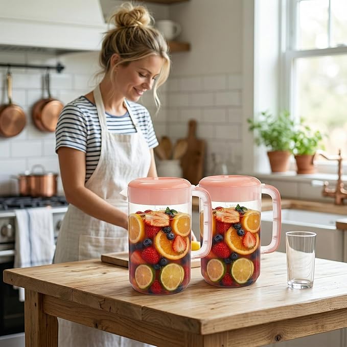 Jucoan 2 Pack 1 Gallon Plastic Pitcher with Lid, Large Water Drink Pitcher, Ice Tea Pitchers with Strainer Cover, Handles, Measurements for Party Sun Tea, Lemonade, Sangria, Cold Brew